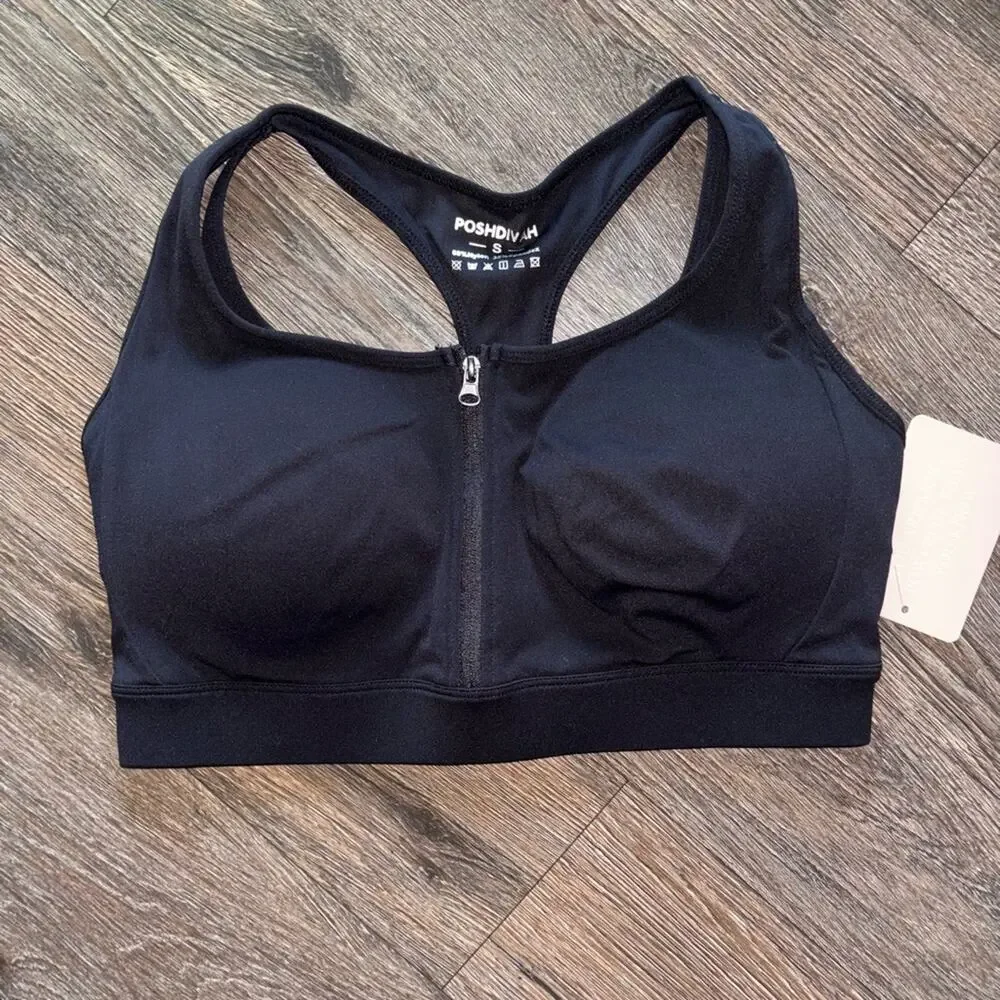 Poshdivah new size small Black Front zip Sports Bra